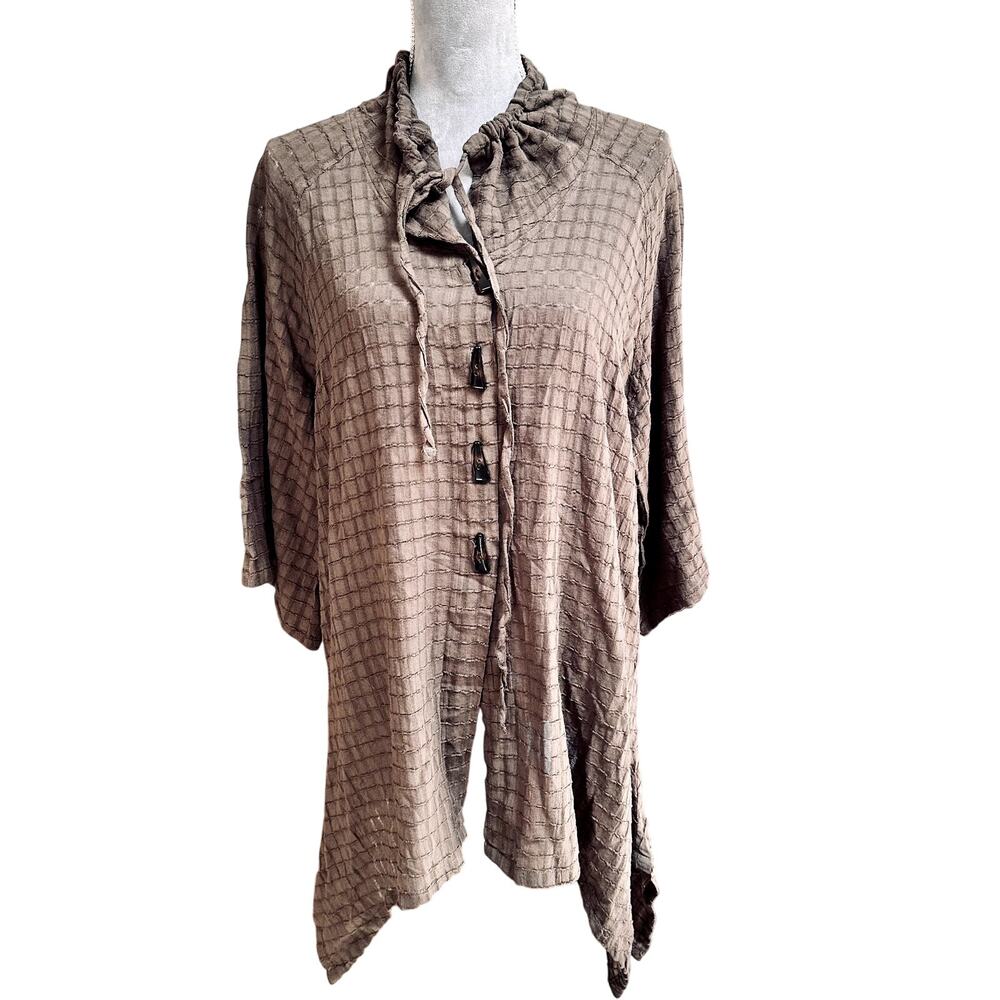DORMAN Brown Cotton‎ Tunic Top M Grid Texture Toggle Buttons Boho NWT